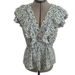Max Studio Womens Floral Print Ruffle Sleeve V Neck Blouse Top M